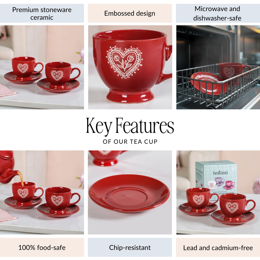 Hearty Ceramic Tea Cup And Saucer Set Of 2 Red 200ml