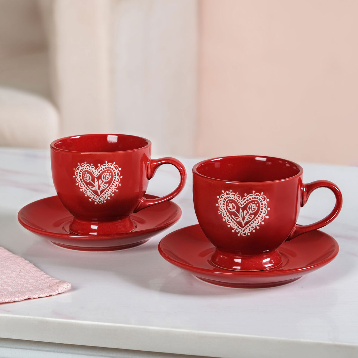 Hearty Ceramic Tea Cup And Saucer Set Of 2 Red 200ml