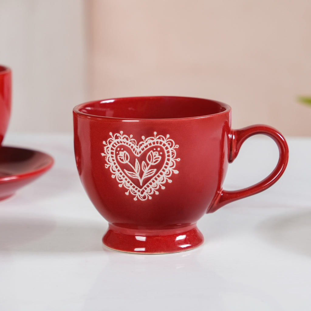 Hearty Ceramic Tea Cup And Saucer Set Of 2 Red 200ml