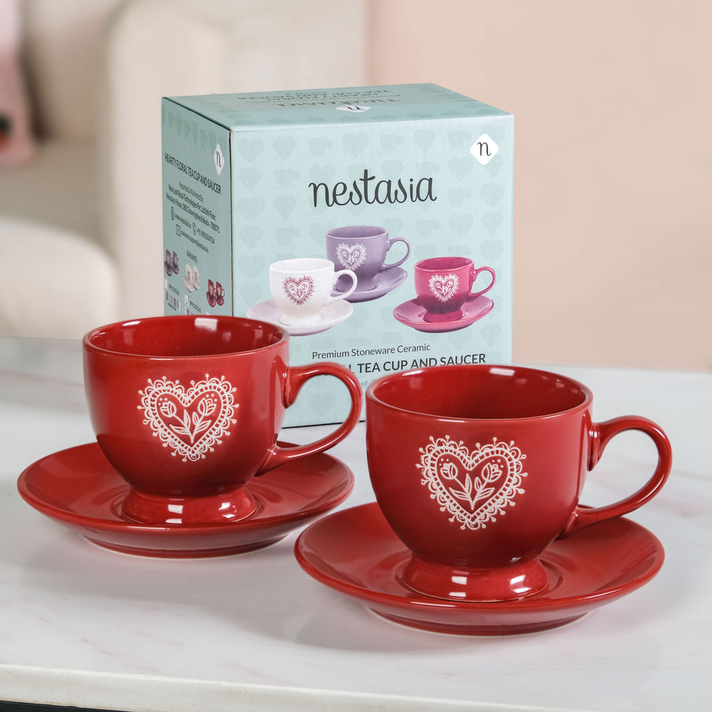 Hearty Ceramic Tea Cup And Saucer Set Of 2 Red 200ml