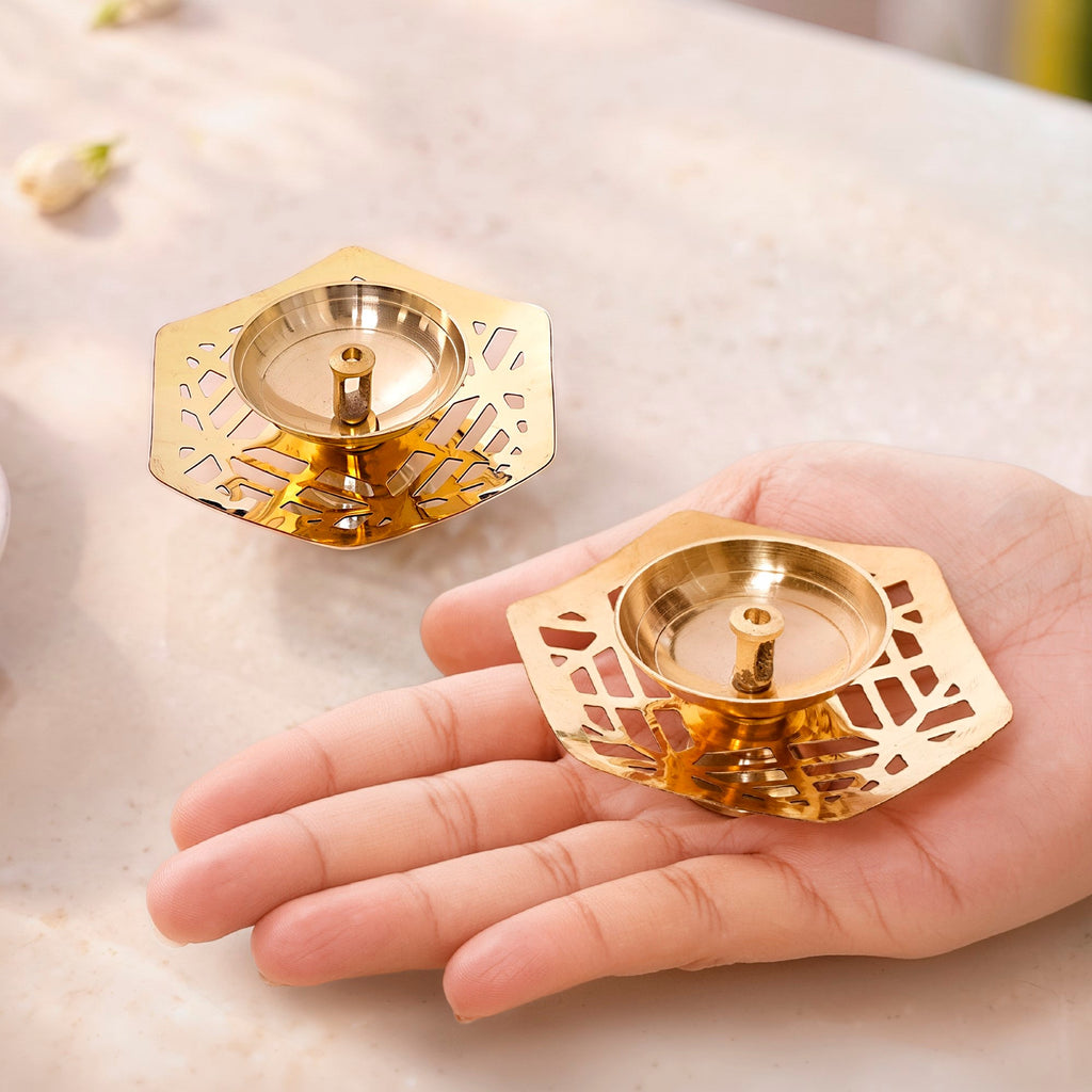 Hexagon Cutwork Pure Brass Puja Diya Set Of 2 In Gift Box