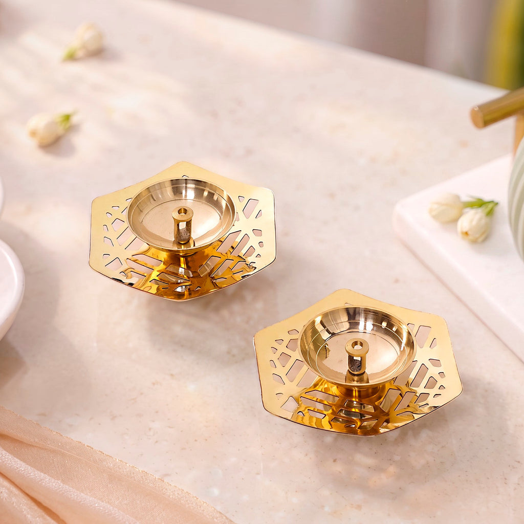 Hexagon Cutwork Pure Brass Puja Diya Set Of 2 In Gift Box