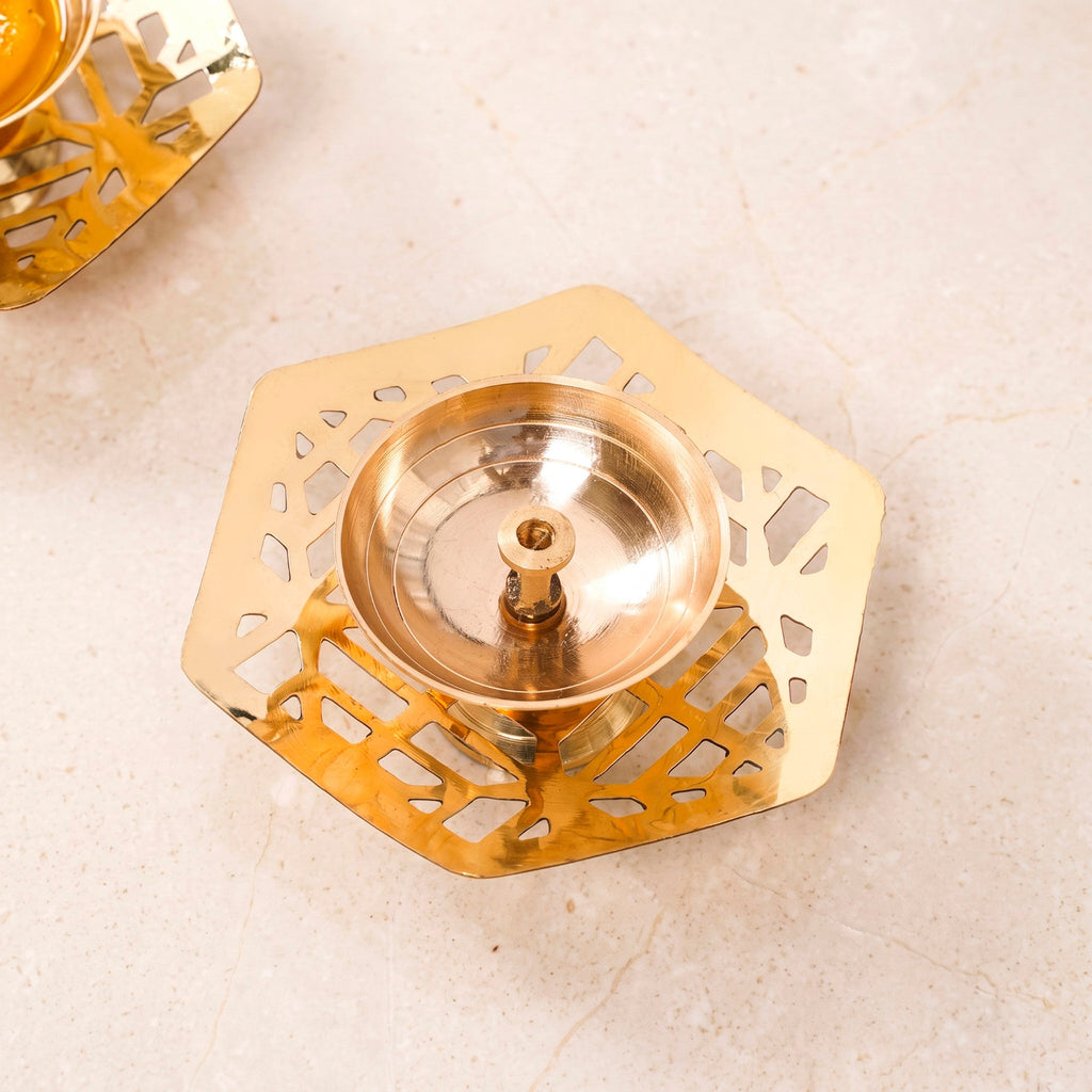 Hexagon Cutwork Pure Brass Puja Diya Set Of 2 In Gift Box