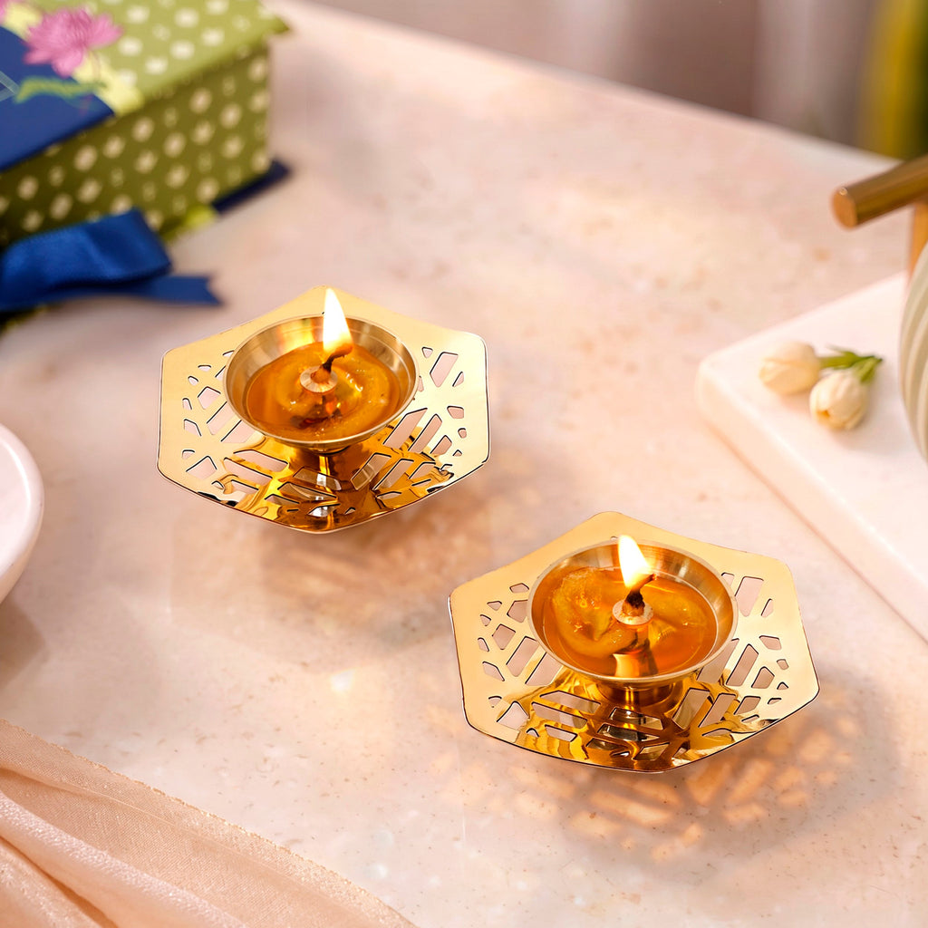Hexagon Cutwork Pure Brass Puja Diya Set Of 2 In Gift Box