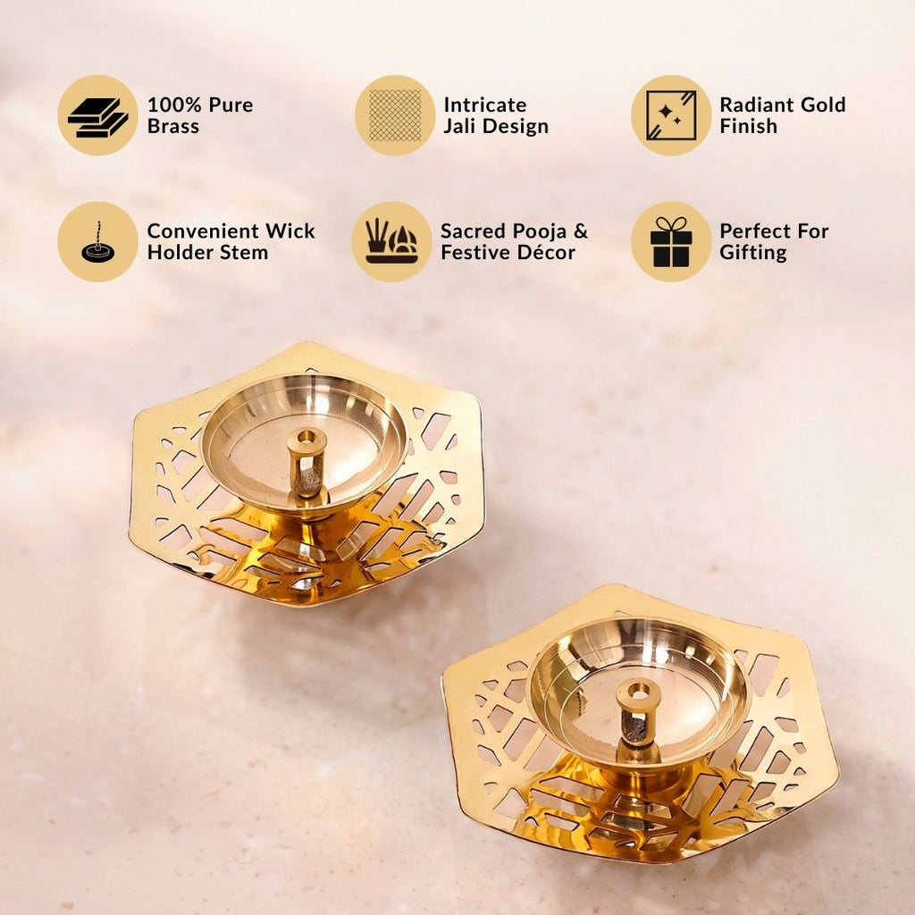 Hexagon Cutwork Pure Brass Puja Diya Set Of 2 In Gift Box
