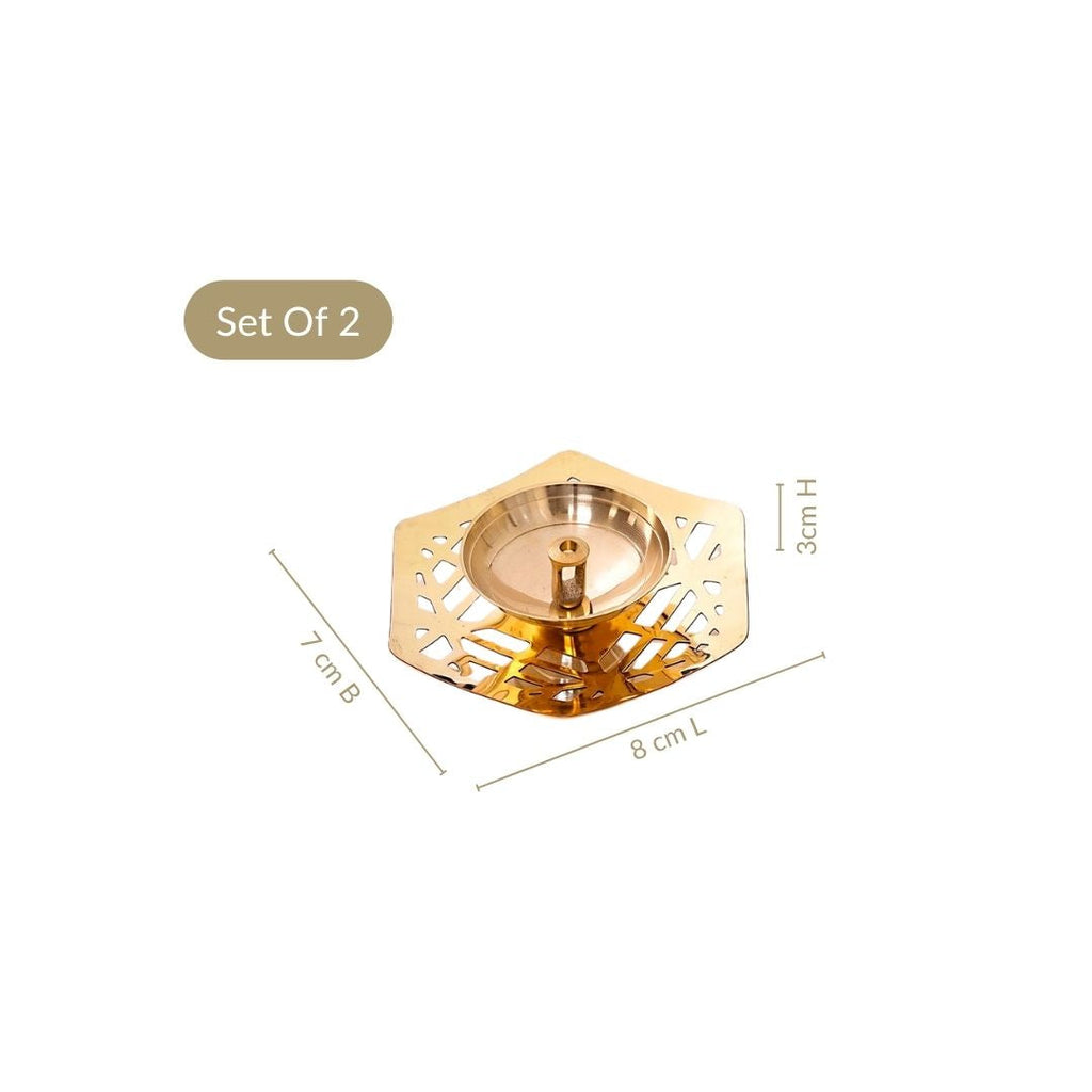 Hexagon Cutwork Pure Brass Puja Diya Set Of 2 In Gift Box