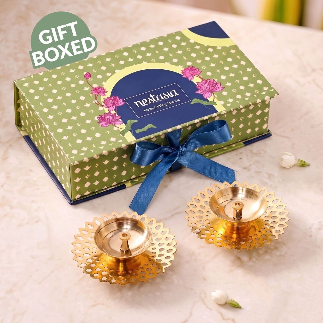 Petal Cutout Pure Brass Diya Set Of 2 In Gift Box