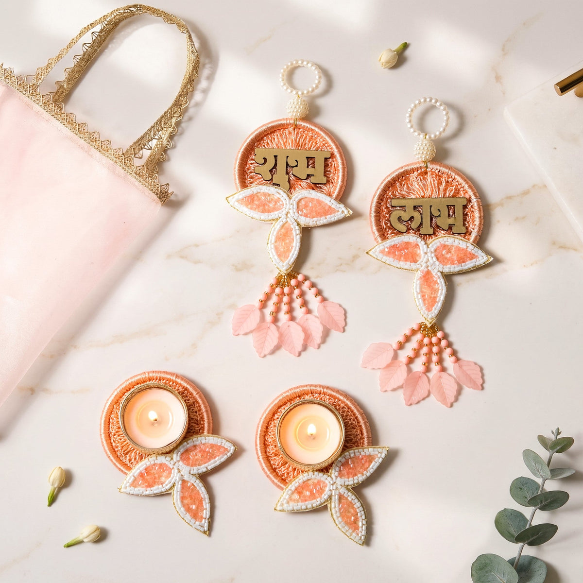 Kesari Tealight Holder Shubh Labh Wall Hanging Set Of 4 In Gift Bag