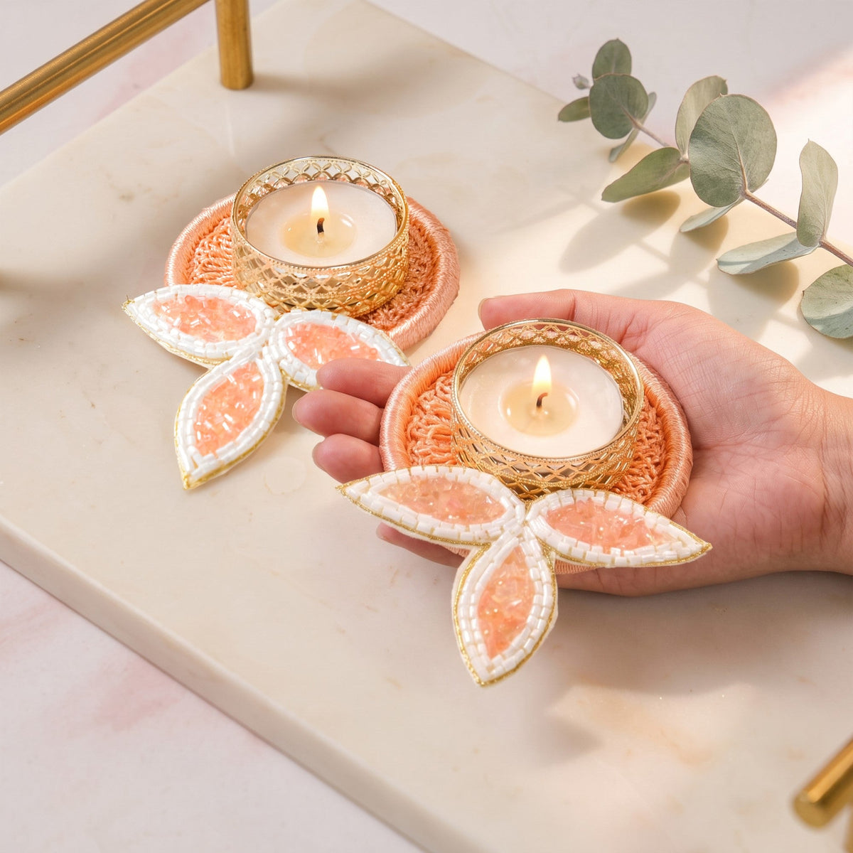 Kesari Tealight Holder Shubh Labh Wall Hanging Set Of 4 In Gift Bag