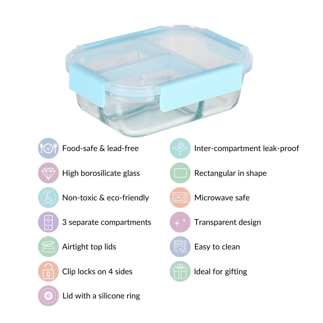 Sealed Three Compartment Glass Container Lunchbox 1000ml