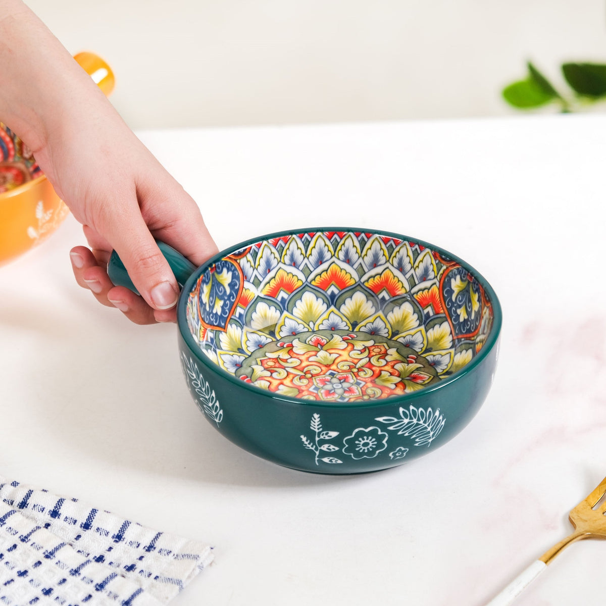 Mandala Melange Dish Bowl With Handle Green 600ml