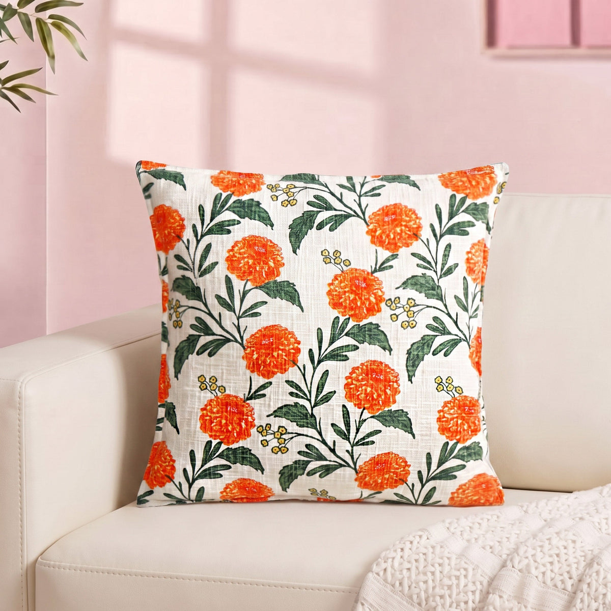 Marigold Bloom Embroidered Cotton Cushion Cover 45x45cm