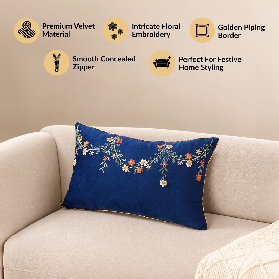 Midnight Bloom Embroidered Cushion Cover 50x30cm