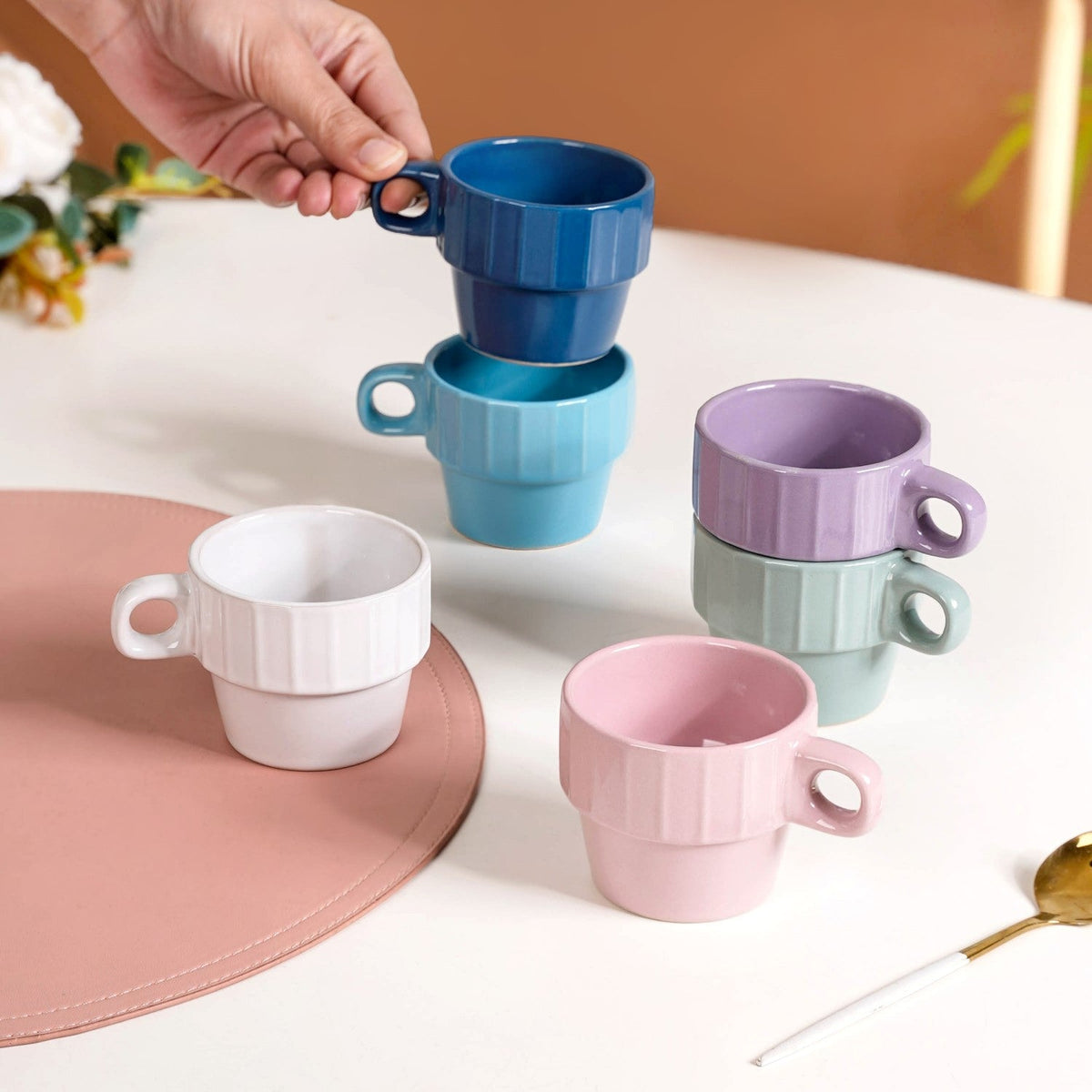 Stackable Mini Tea Cup Set Of 6 Kaori Ocean Tones 90ml
