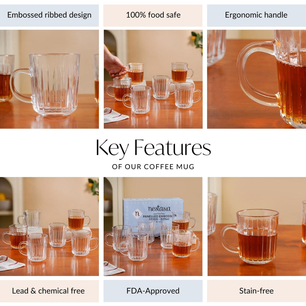 Modern Ribbed Embossed Mugs Set Of 6 229ml