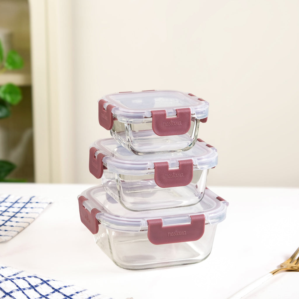 Nestro Airtight Food Storage Containers Square Set Of 3 Magenta 160ml 300ml 500ml