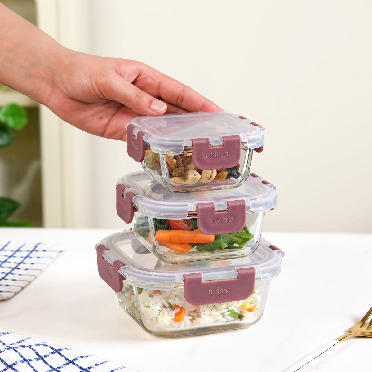 Nestro Airtight Food Storage Containers Square Set Of 3 Magenta 160ml 300ml 500ml