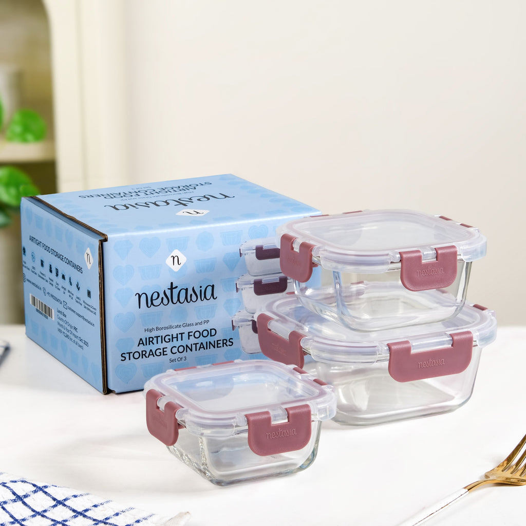 Nestro Airtight Food Storage Containers Square Set Of 3 Magenta 160ml 300ml 500ml