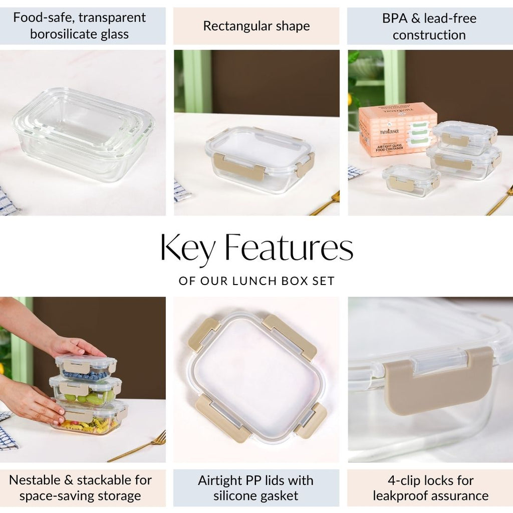 Nestro Microwave Safe Airtight Storage Box Set Of 3 Beige S 185ml M 370ml L 600ml