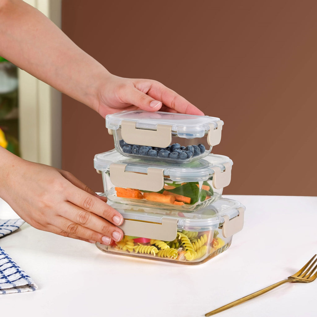 Nestro Microwave Safe Airtight Storage Box Set Of 3 Beige S 185ml M 370ml L 600ml