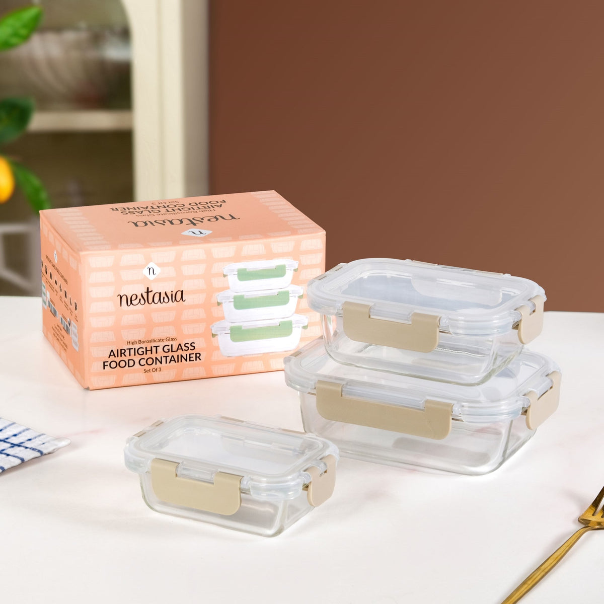 Nestro Microwave Safe Airtight Storage Box Set Of 3 Beige S 185ml M 370ml L 600ml