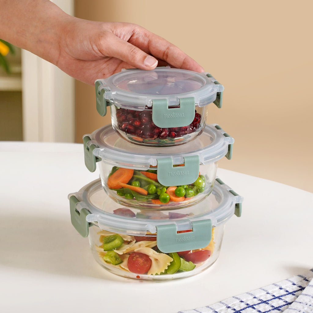 Nestro Pro Airtight Food Containers Set Of 3 Round Sage Green 215ml 400ml 600ml