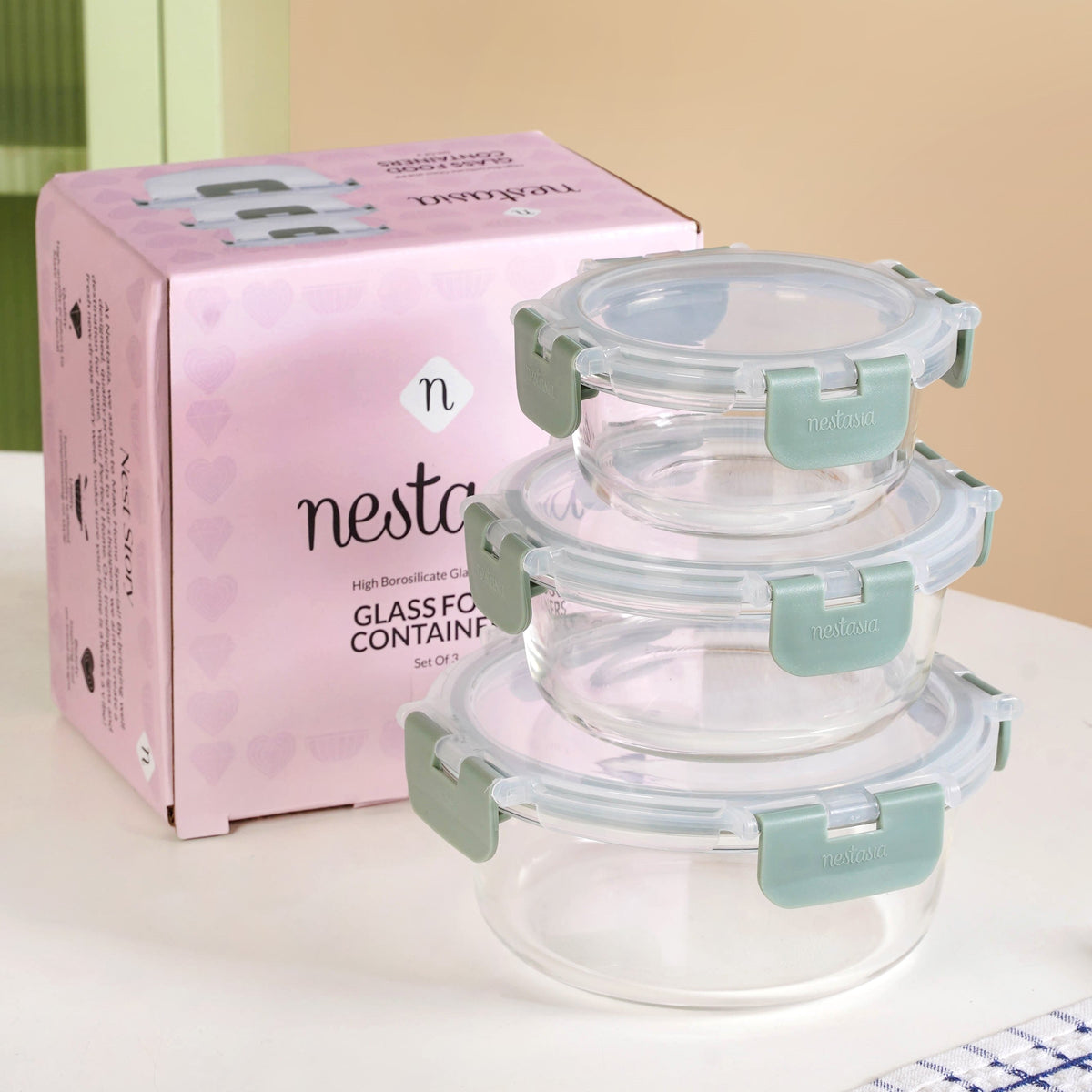 Nestro Pro Airtight Food Containers Set Of 3 Round Sage Green 215ml 400ml 600ml