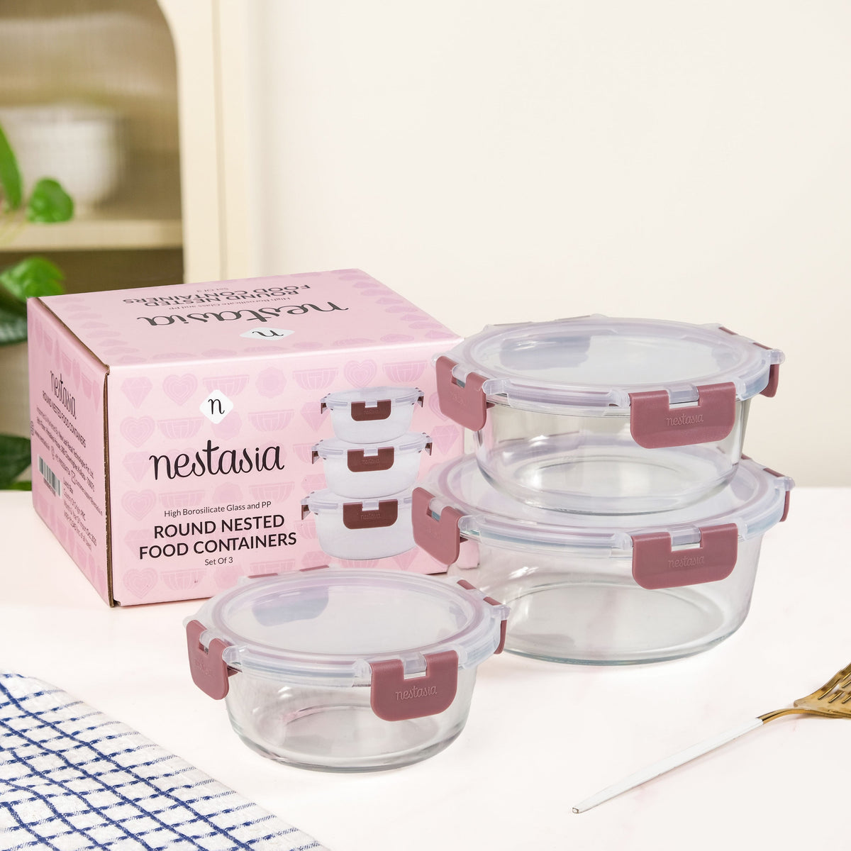 Nestro Pro Clip Lock Leakproof Containers Set Of 3 Round Magenta 400ml 600ml 950ml