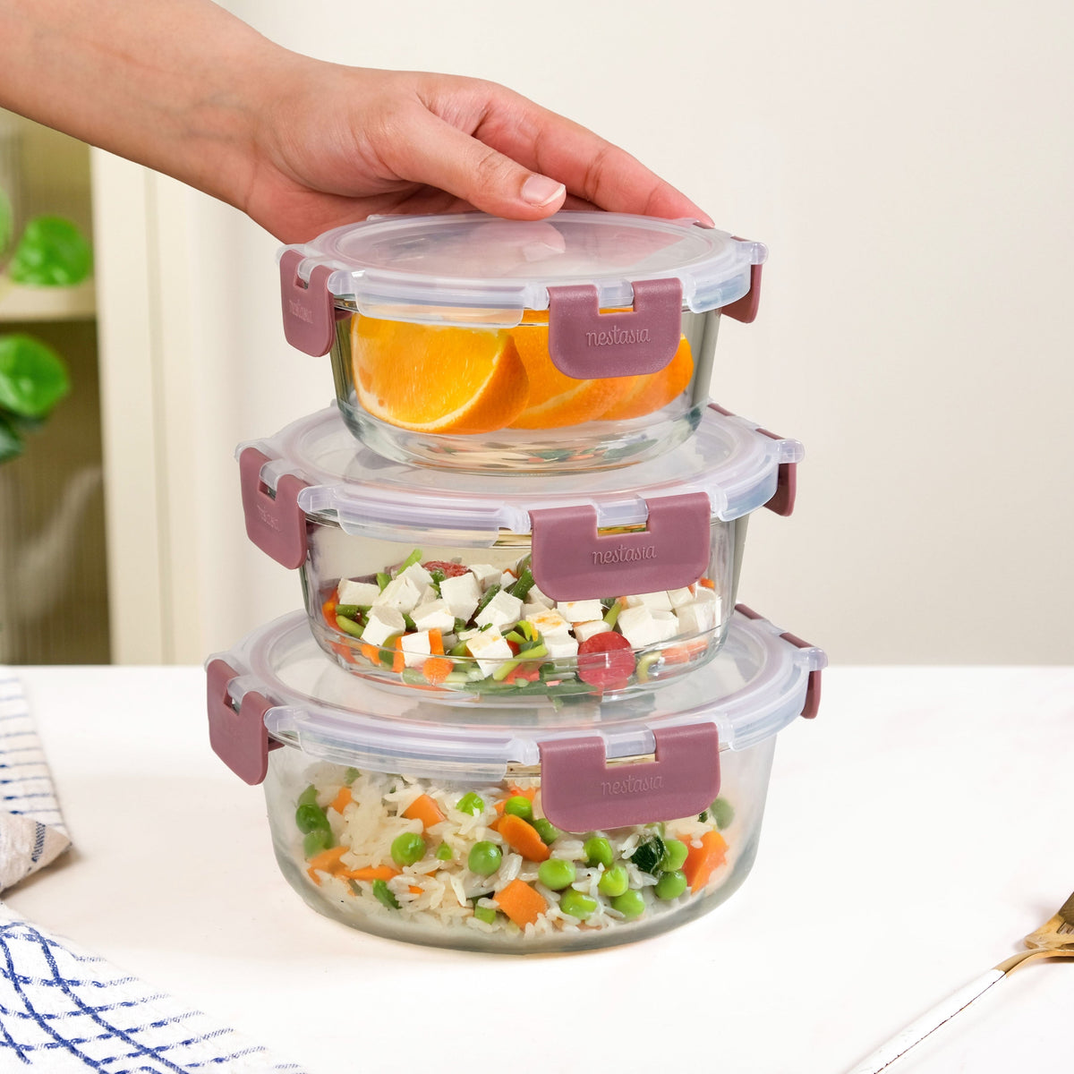 Nestro Pro Clip Lock Leakproof Containers Set Of 3 Round Magenta 400ml 600ml 950ml