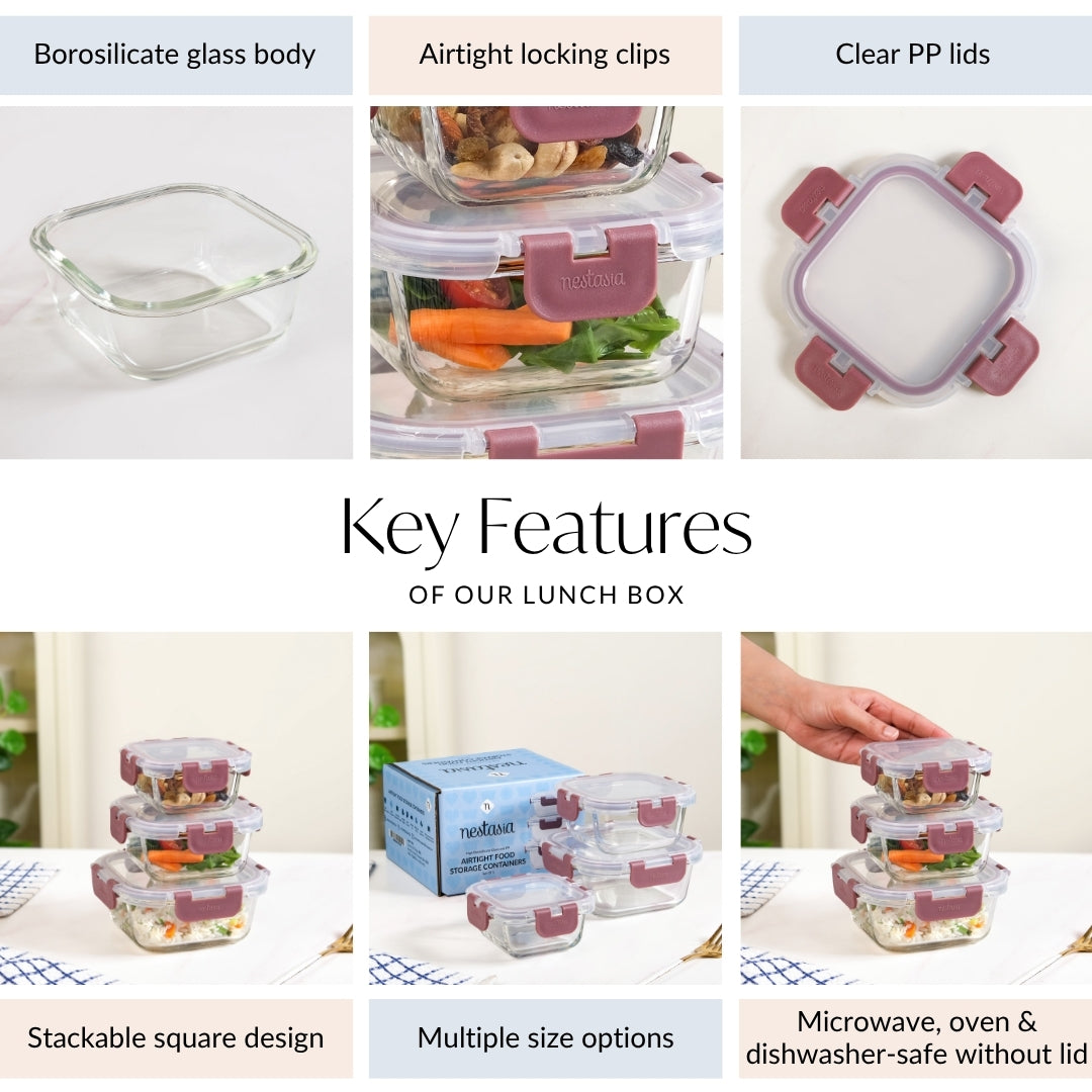 Nestro Airtight Food Storage Containers Square Set Of 3 Magenta 160ml 300ml 500ml