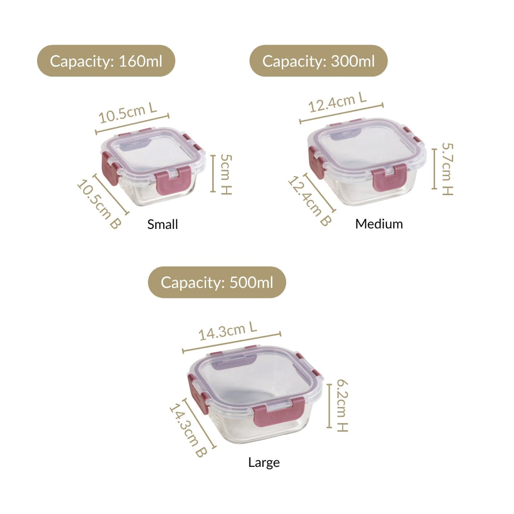 Nestro Airtight Food Storage Containers Square Set Of 3 Magenta 160ml 300ml 500ml