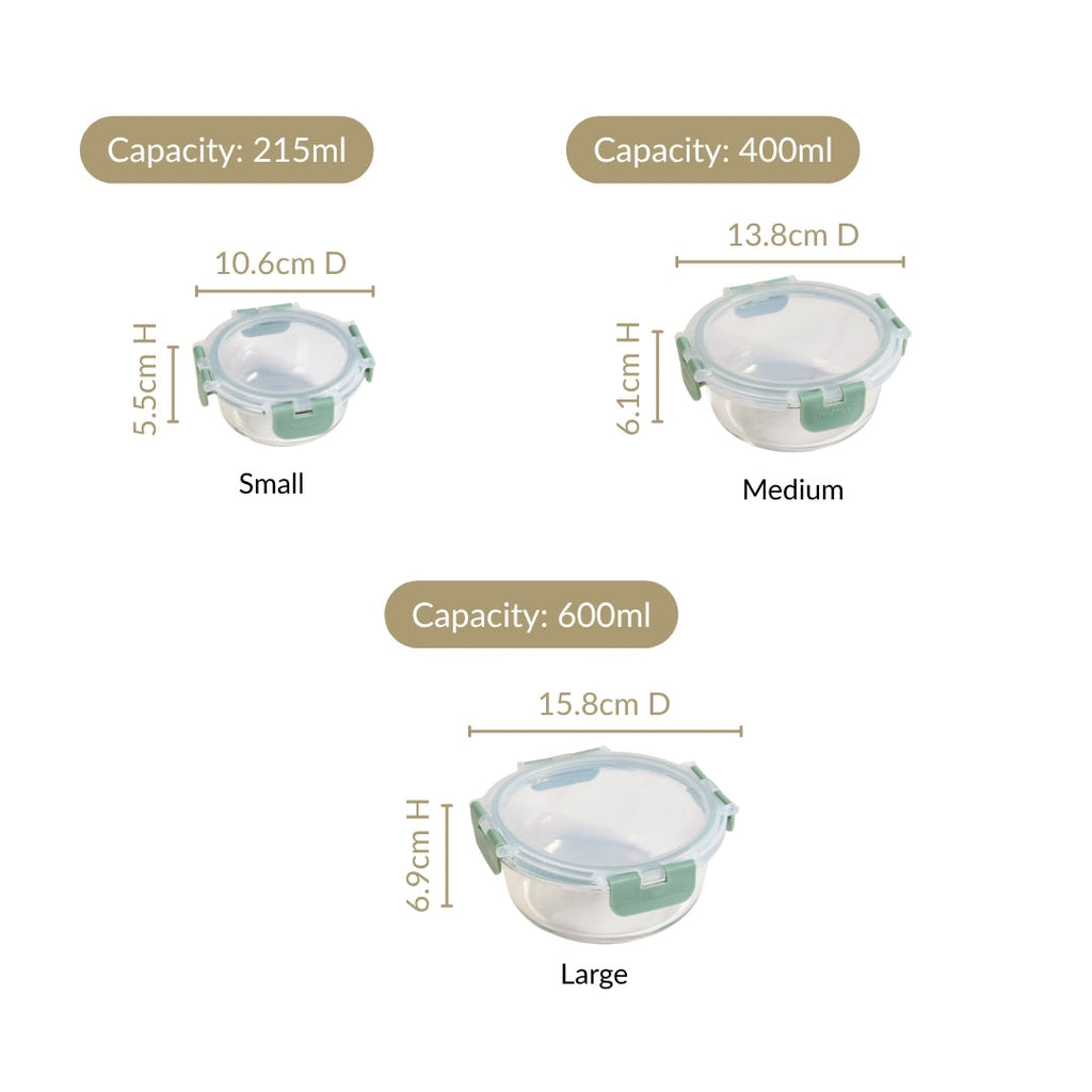 Nestro Pro Airtight Food Containers Set Of 3 Round Sage Green 215ml 400ml 600ml