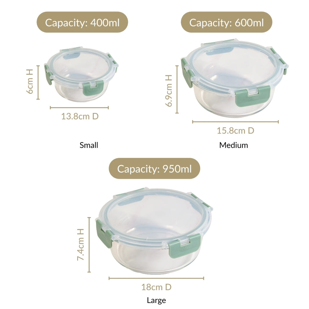 Nestro Pro Spill Proof Food Containers Set Of 3 Round Sage Green 400ml 600ml 950ml