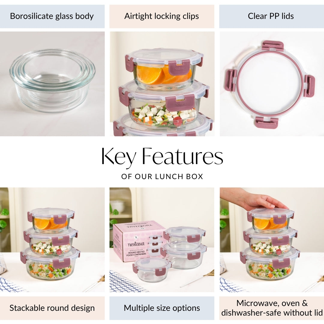 Nestro Pro Clip Lock Leakproof Containers Set Of 3 Round Magenta 400ml 600ml 950ml