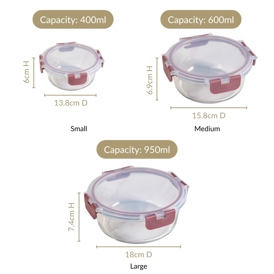 Nestro Pro Clip Lock Leakproof Containers Set Of 3 Round Magenta 400ml 600ml 950ml