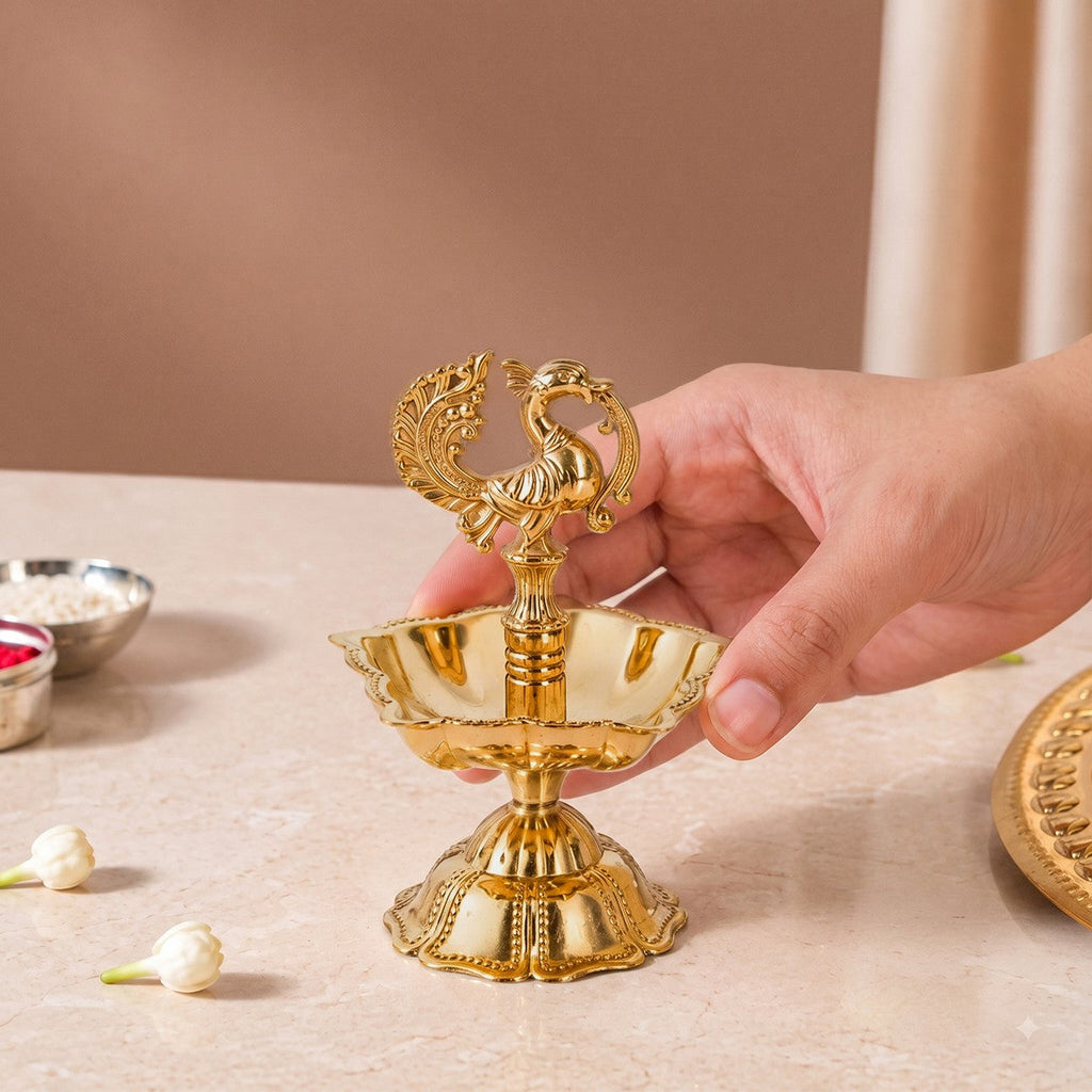 Ornate Peacock Pure Brass Panchmukhi Diya In Gift Box
