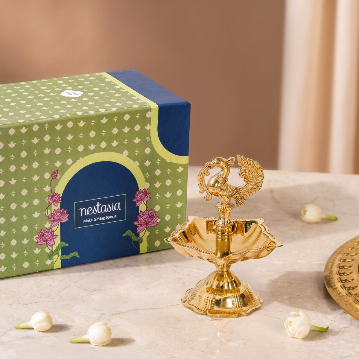 Ornate Peacock Pure Brass Panchmukhi Diya In Gift Box