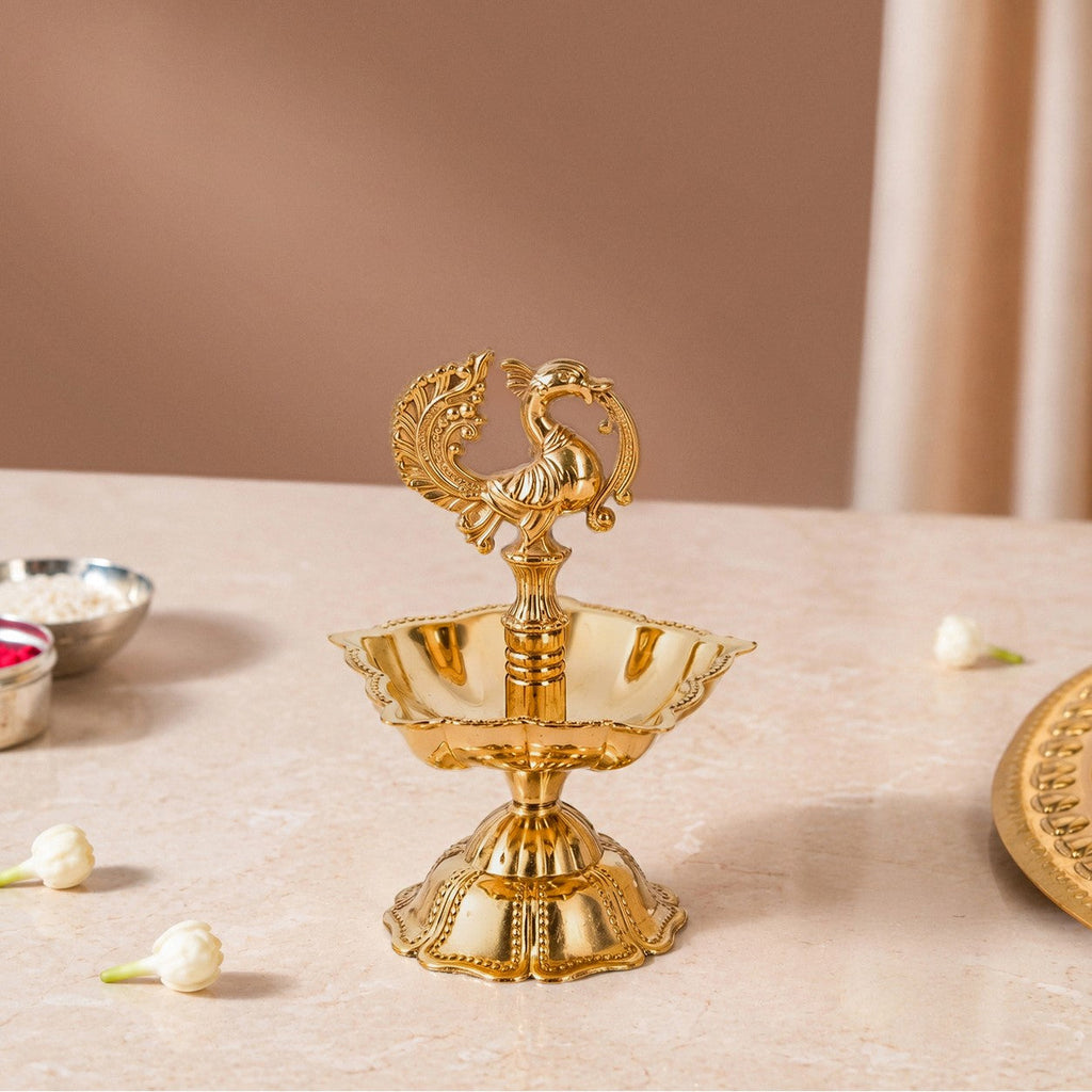 Ornate Peacock Pure Brass Panchmukhi Diya In Gift Box