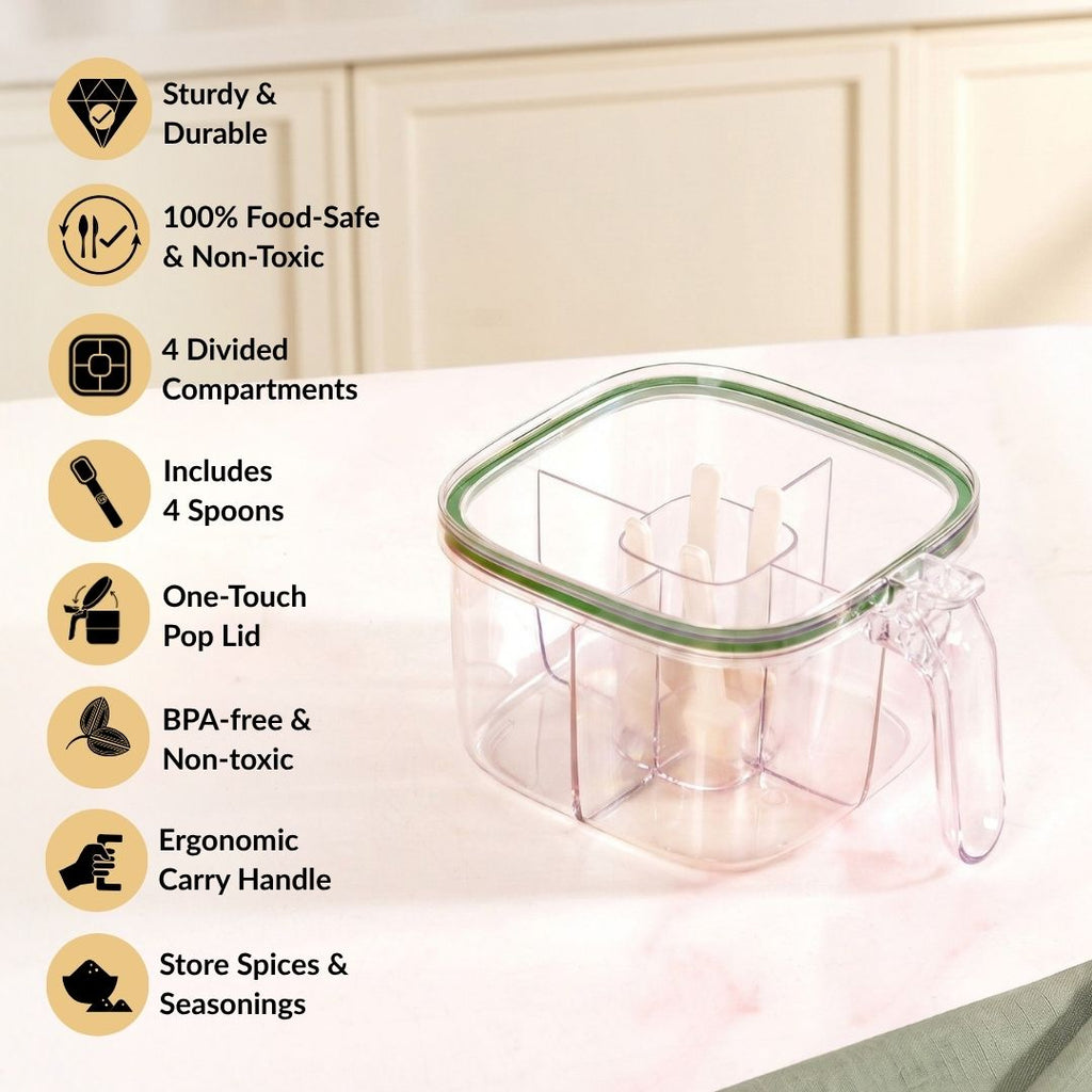Four Sectioned Seasoning Box With Handle And Spoons 800ml