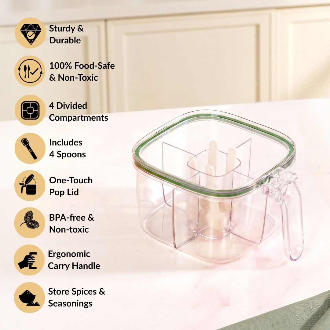 Four Sectioned Seasoning Box With Handle And Spoons 800ml