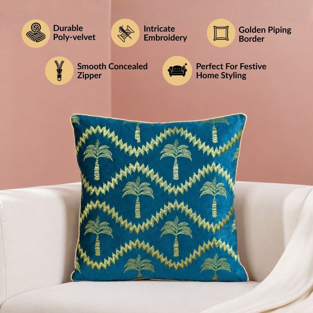 Golden Palms Embroidered Velvet Cushion Cover Teal 40x40cm