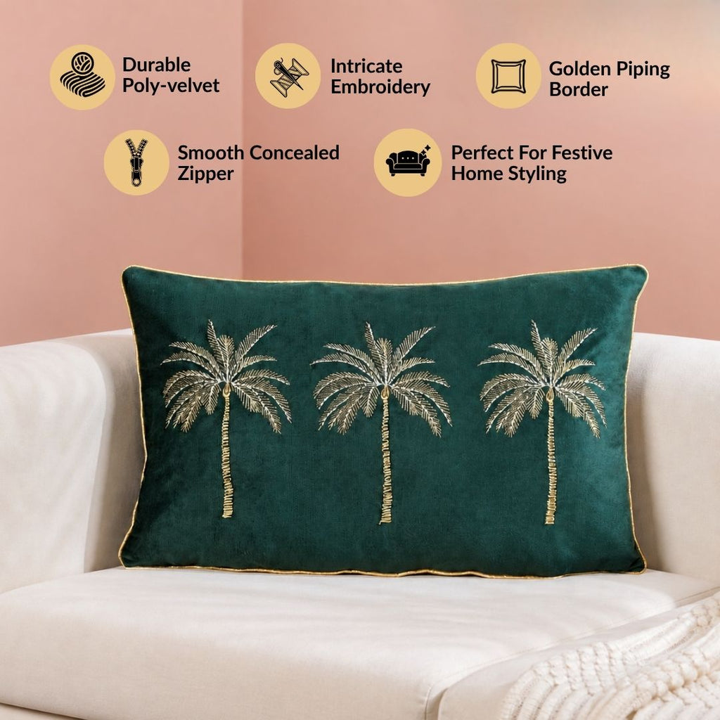 Emerald Palm Velvet Embroidered Cushion Cover 50x30cm