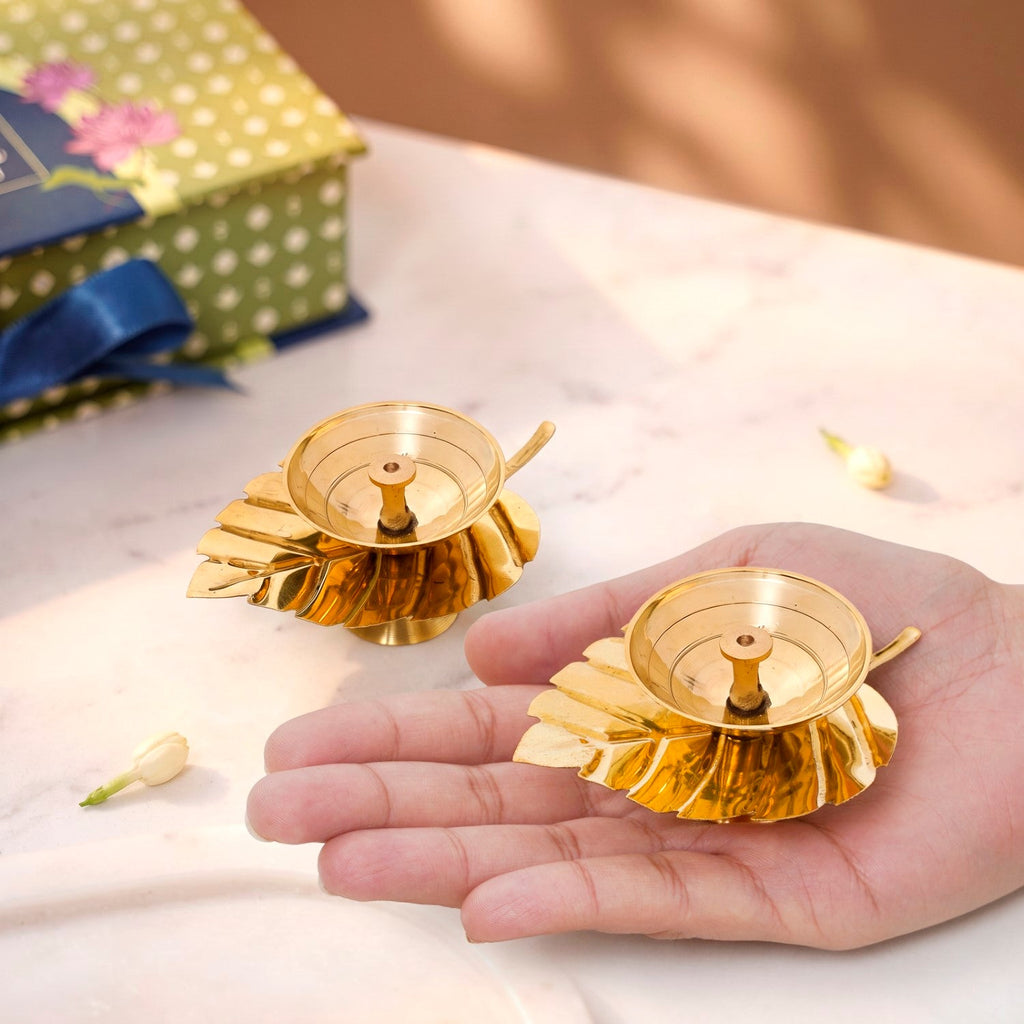 Gold Leaf Pure Brass Diya Set Of 2 In Gift Box