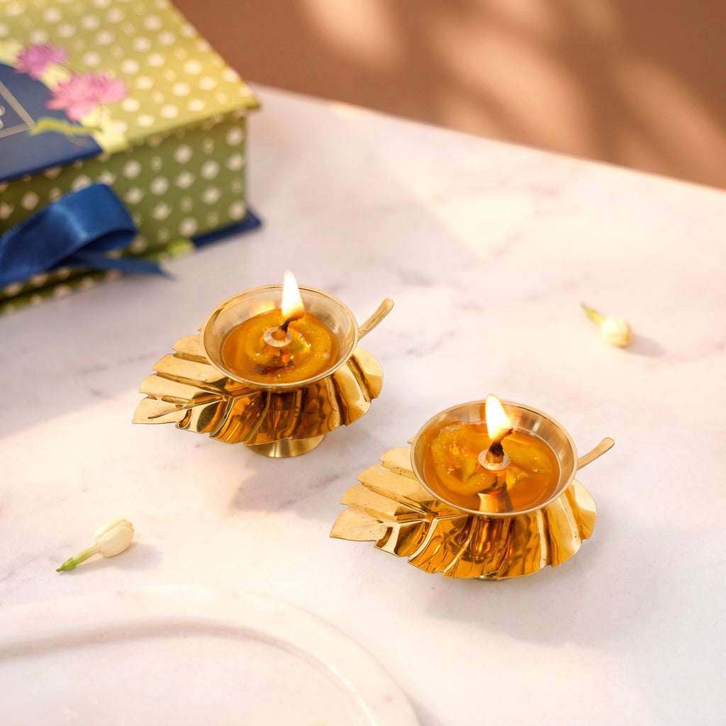Gold Leaf Pure Brass Diya Set Of 2 In Gift Box