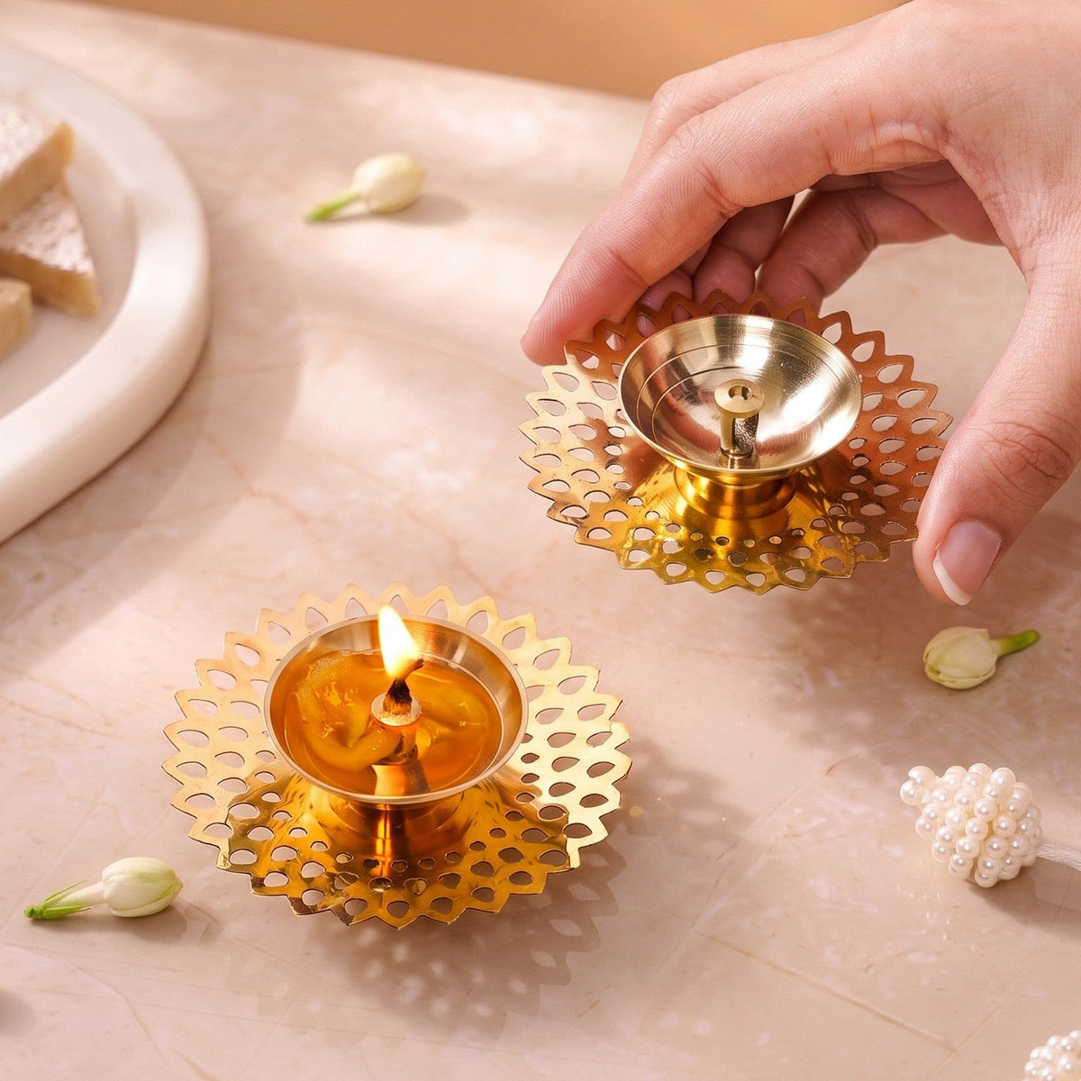 Petal Cutout Pure Brass Diya Set Of 2 In Gift Box