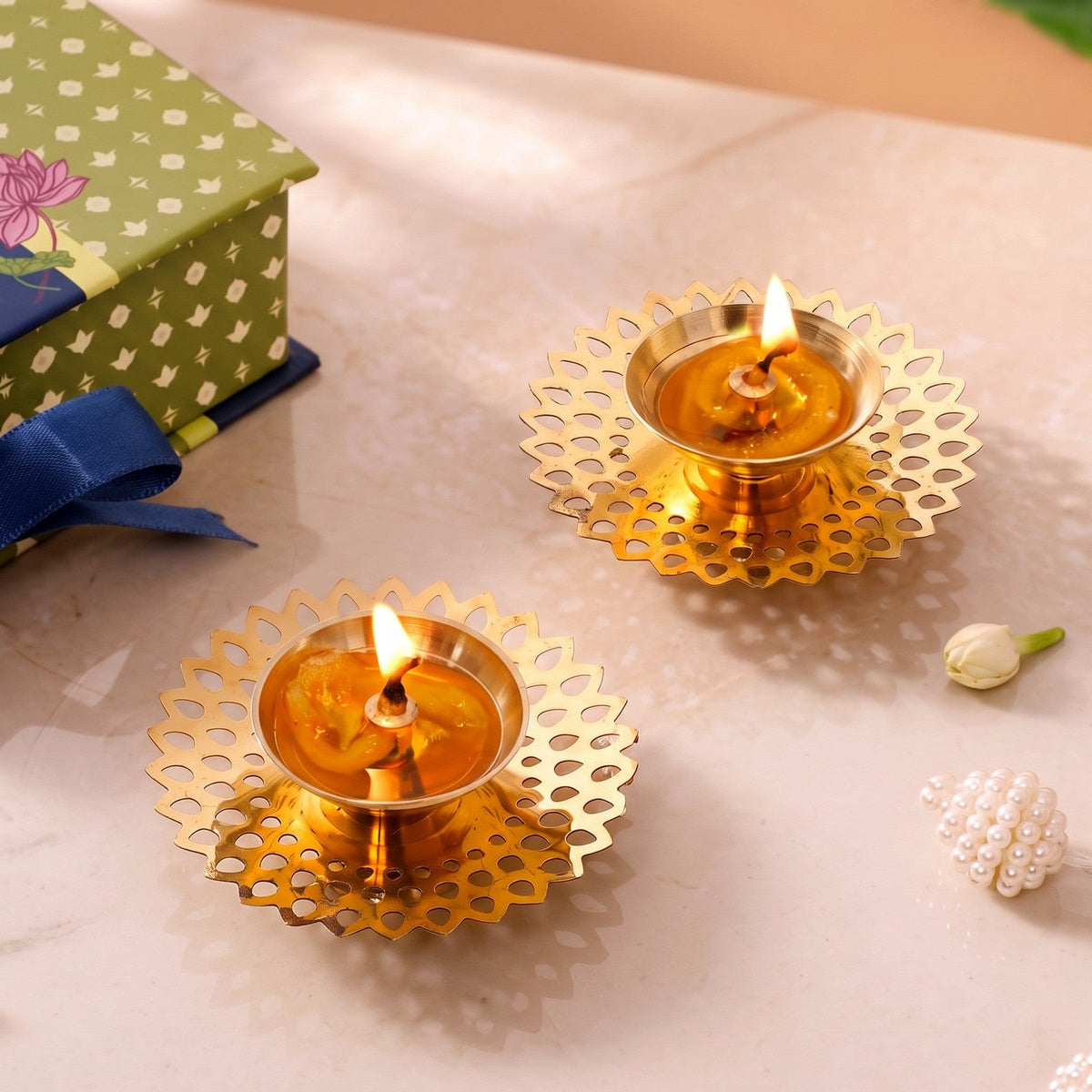 Petal Cutout Pure Brass Diya Set Of 2 In Gift Box