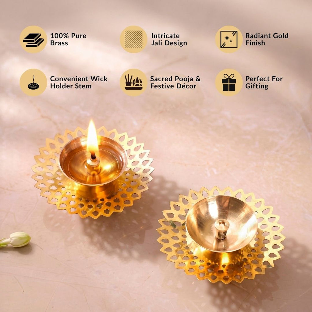 Petal Cutout Pure Brass Diya Set Of 2 In Gift Box