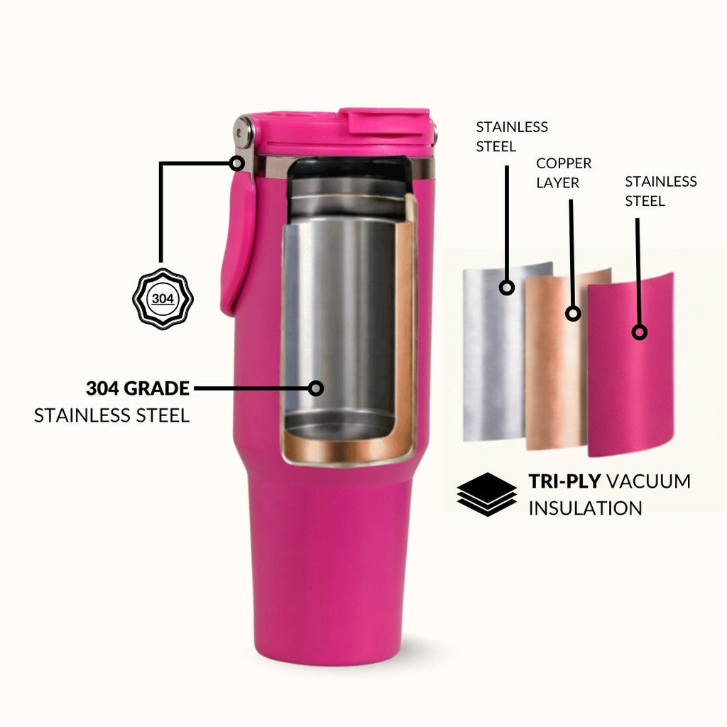 PickSip 40 Insulated Tumbler With Top Handle Electric Fuchsia Pink 1200ml