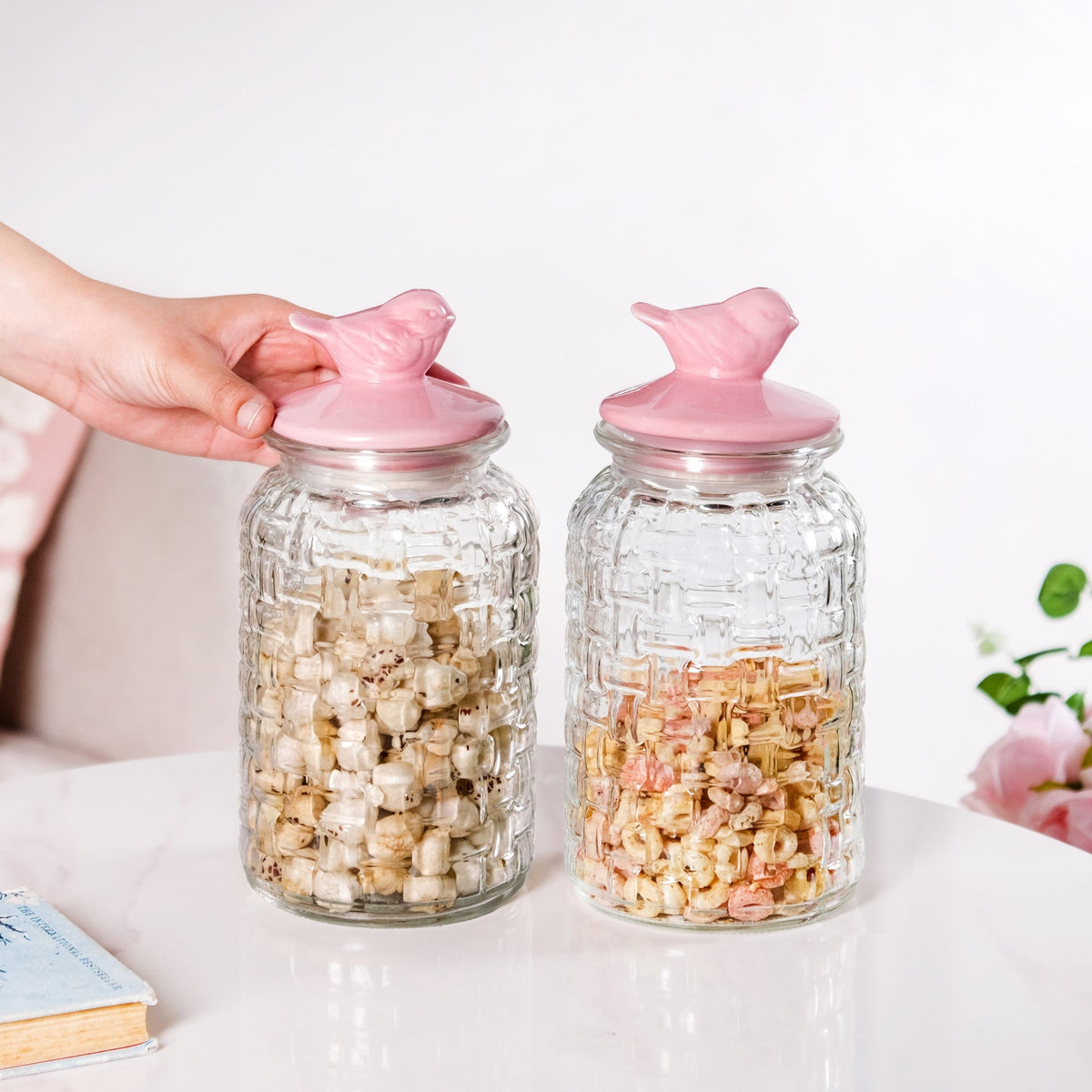 Airtight Glass Jar With Pink Bird Ceramic Lid Set Of 2 1300ml