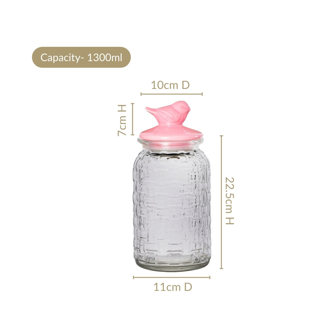 Airtight Glass Jar With Pink Bird Ceramic Lid Set Of 2 1300ml